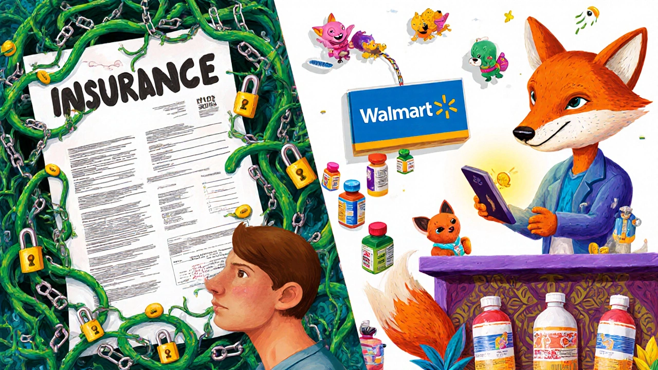 A person comparing a heavy insurance bill to a simple coupon, with friendly alebrije creatures guiding them to a Walmart pharmacy.