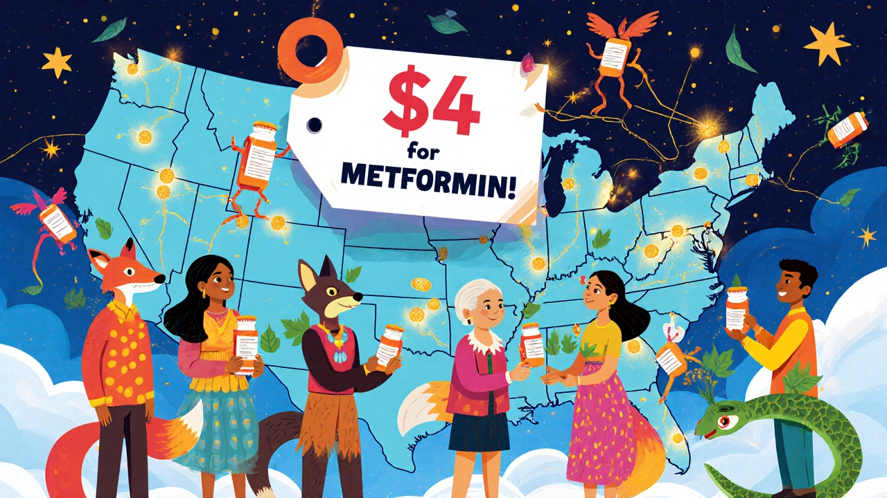 Diverse people with animal traits exchanging medicine bottles for coins, above a map of the U.S. with glowing pharmacy locations.