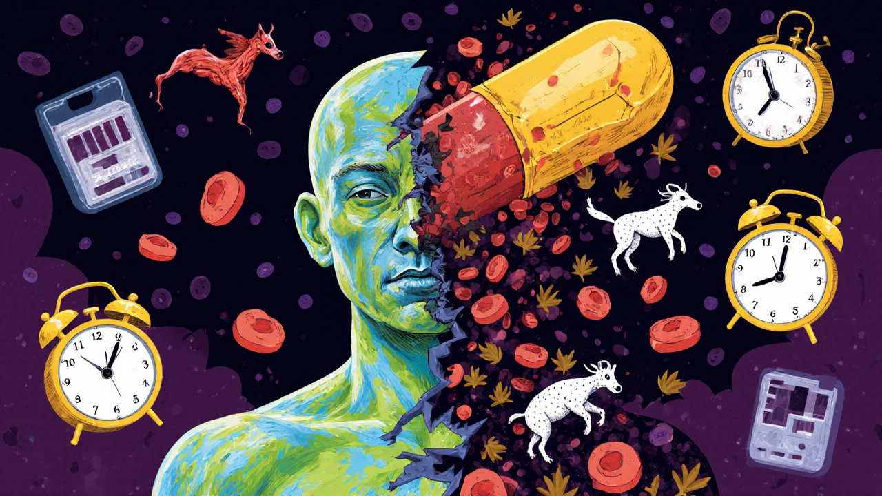 A fractured figure with anemia and missed doses depicted as falling blood cells and fleeing animals, under a crumbling zidovudine pill.