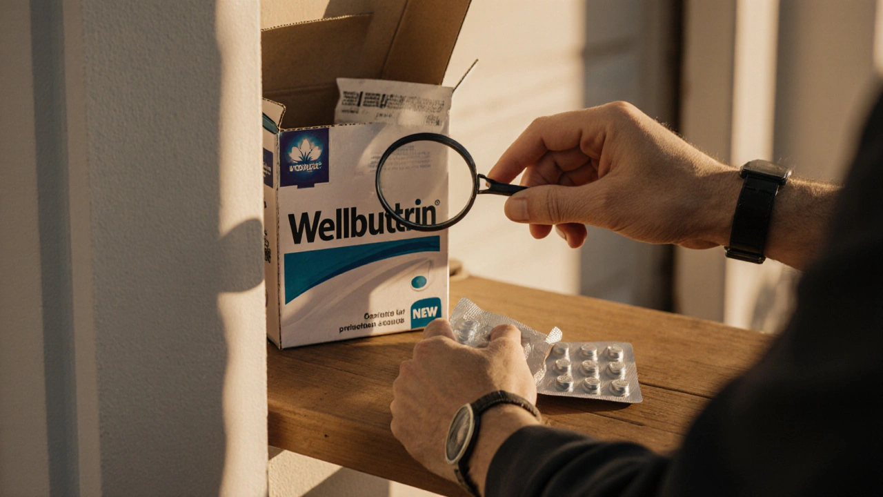 A hand opening a sealed delivery box, revealing a blister pack of generic Wellbutrin tablets on a porch table.