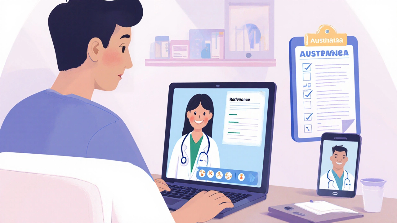 A person consulting a doctor via video chat on a laptop while an online pharmacy dashboard displays a pharmacist avatar.