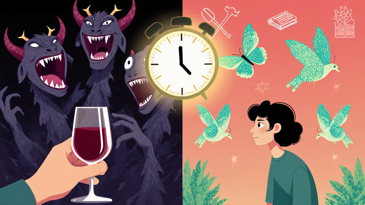 A person hesitating between alcohol demons and calming spirit creatures, symbolizing reduced cravings in colorful folk-art style.