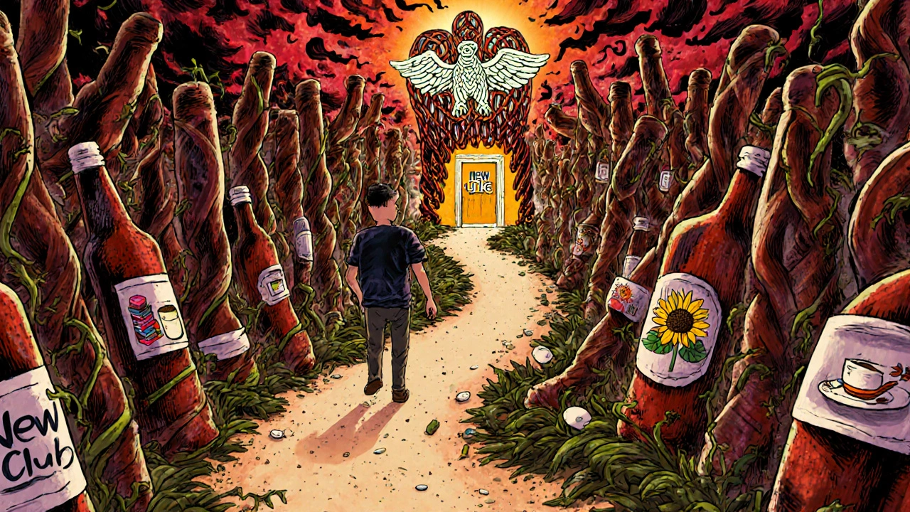 A person walking past crumbling alcohol bottles toward a sunrise door, guided by a pill-and-vine guardian in Alebrije fantasy style.