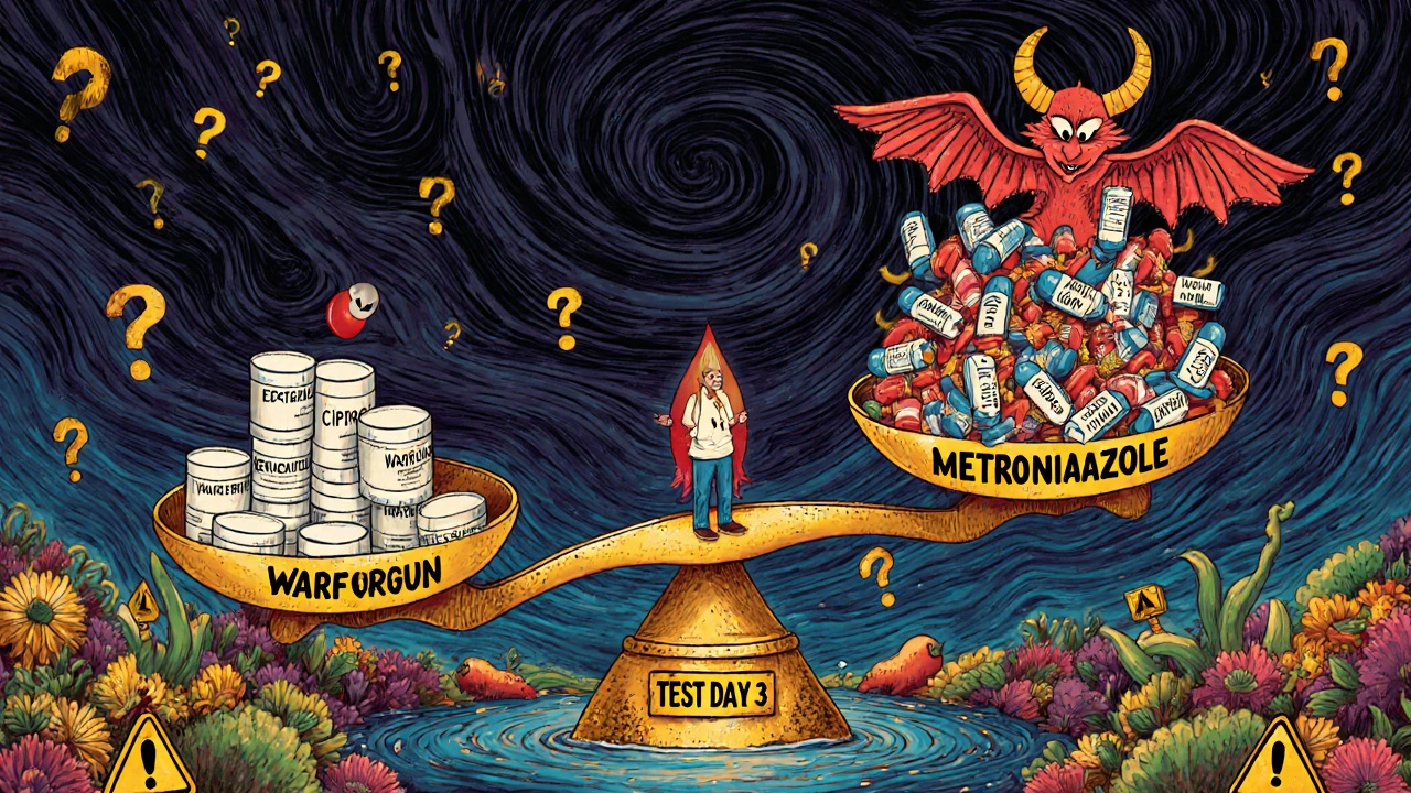 A tipping medical scale with warfarin and dangerous antibiotics, a patient standing on a bridge labeled &#039;Test Day 3&#039;.