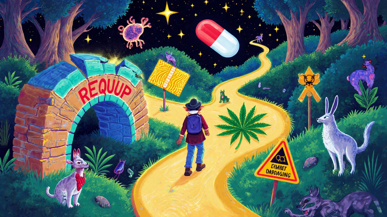 A traveler on a glowing path leaving Requip behind, facing spirit animals that symbolize risks and benefits of switching treatments.