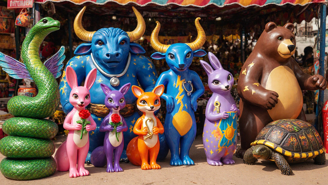 Alebrije animals in a market displaying various antidepressants as mythical creatures.
