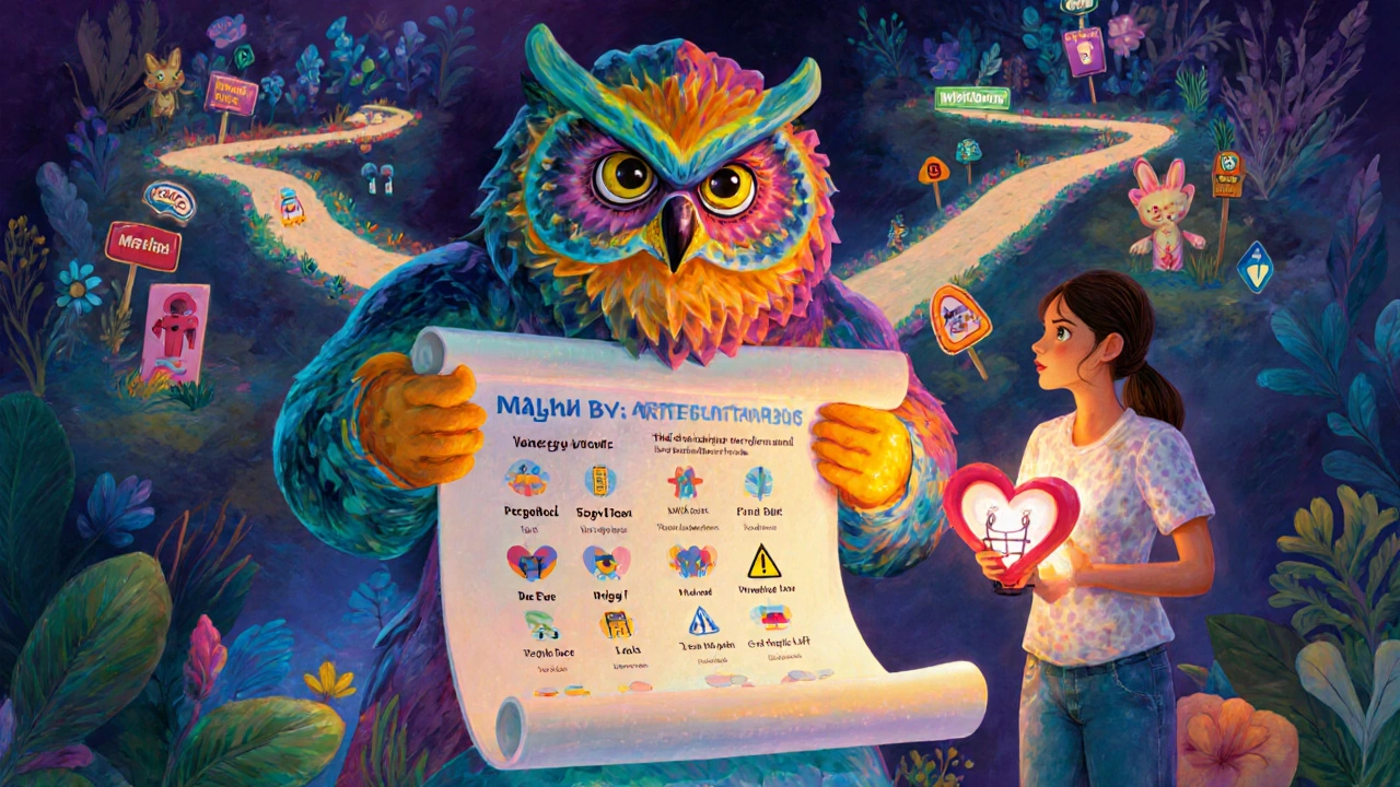 Alebrije owl‑lion guide helping a person choose the right antidepressant path.