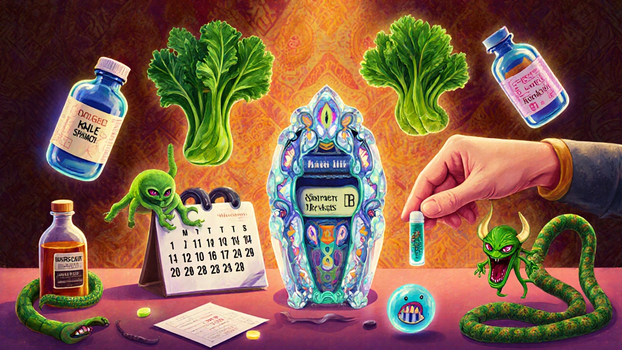 Alebrije tabletop with INR device, calendar, colorful veggies, medication orbs, alcohol demon, and DNA serpent.