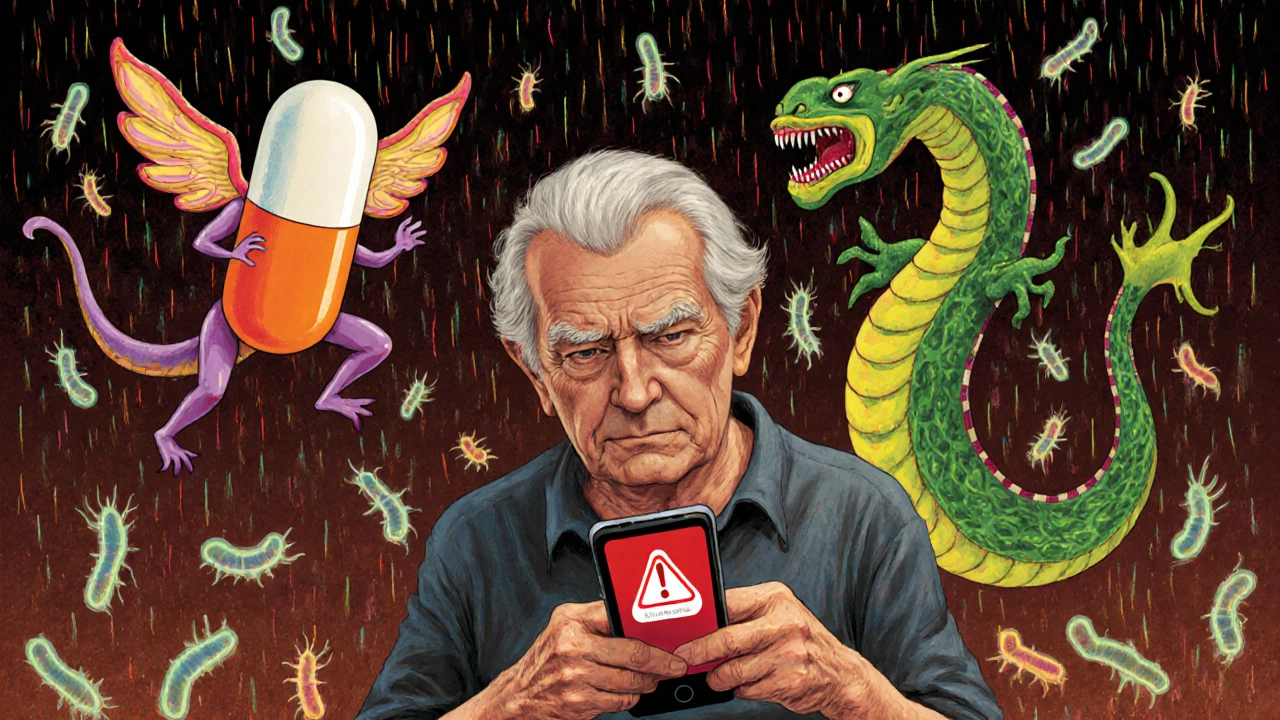 An elderly person with a home INR monitor, flanked by a safe antibiotic spirit and a dangerous serpent-like one.