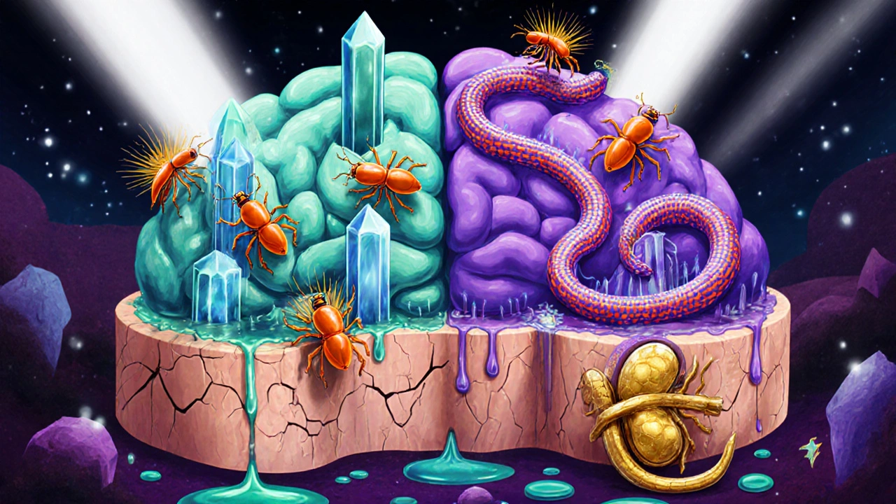 Brain landscape showing blue GABA towers blocked by orange Alebrije insects and purple serpents activating NMDA receptors, with a cracked kidney nearby.