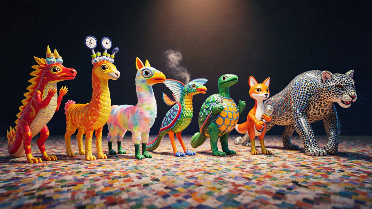 Colorful alebrije figures lined up, each embodying a different steroid alternative.