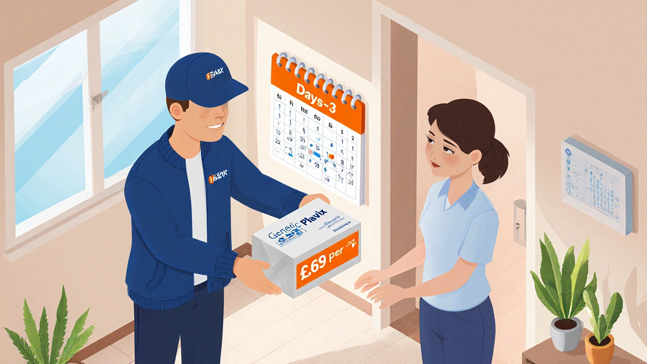Courier delivering a box of generic Plavix to a patient at home, calendar shows fast delivery.