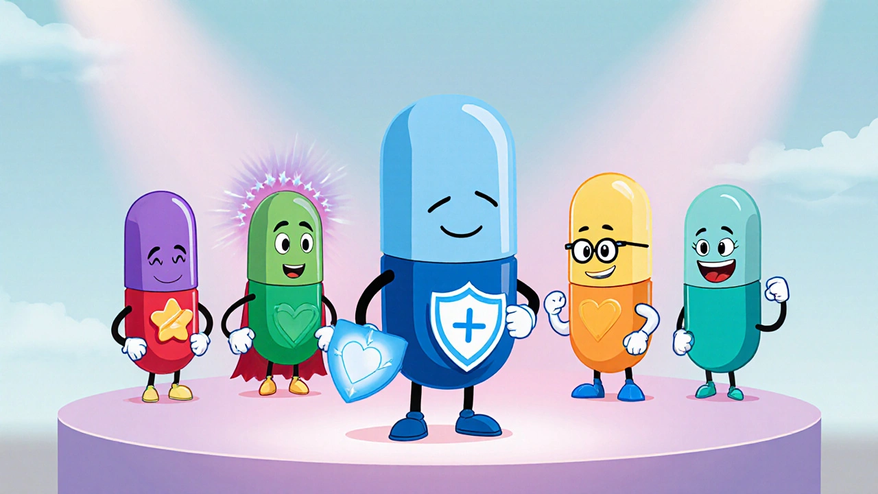 Cute pill characters representing gabapentin and alternatives stand together on stage.