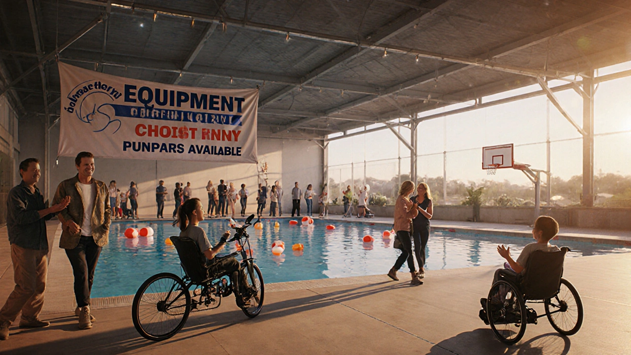 Digital art of a community open day showing adaptive sport stations, families, and coaches at sunset.