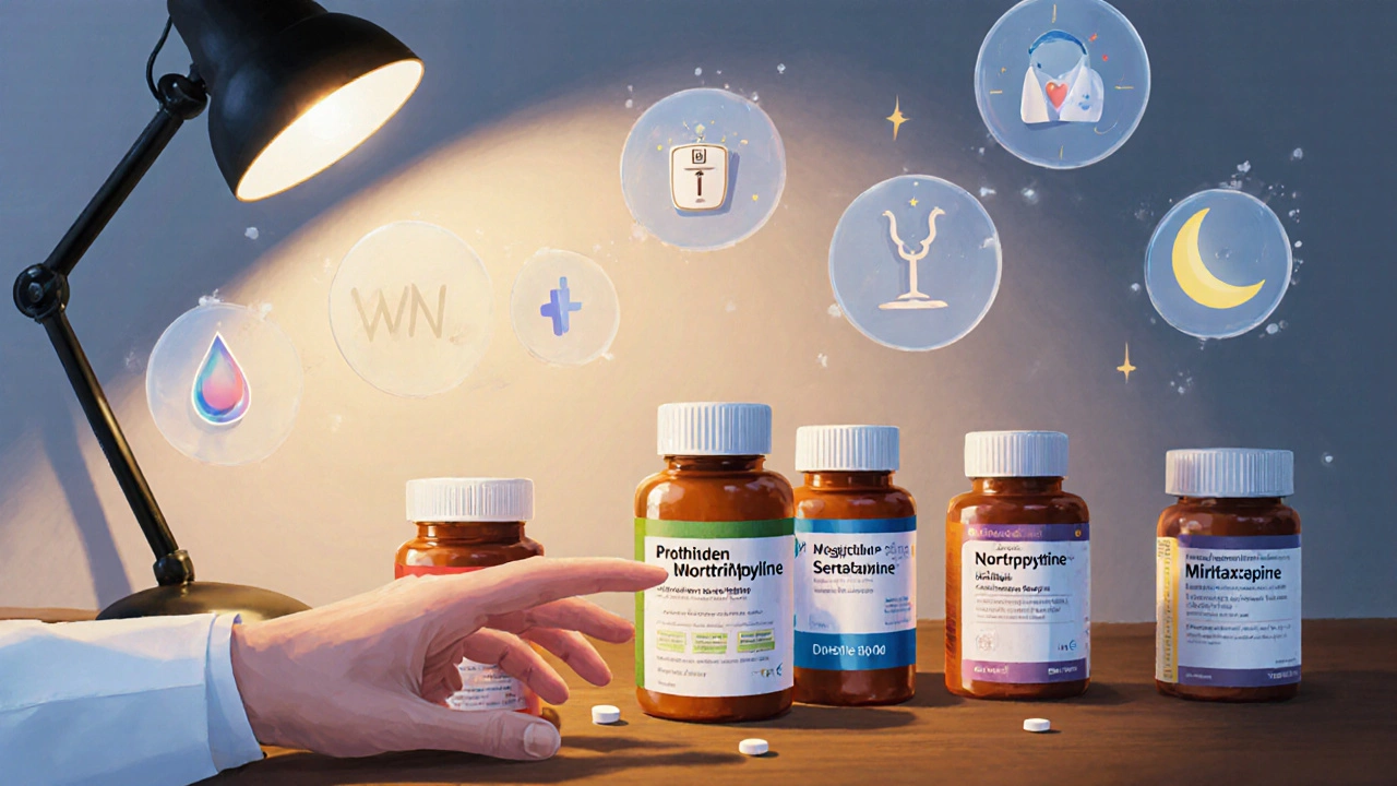 Doctor's desk with assorted antidepressant bottles and floating side‑effect icons.