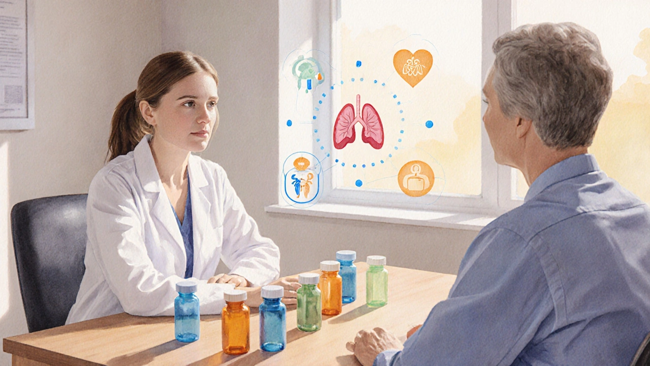 Doctor and patient reviewing assorted pill bottles with floating health icons.