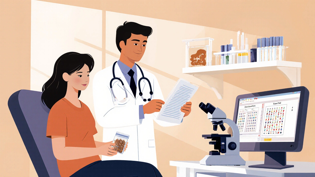 Doctor consults patient holding stool sample with lab equipment in background.
