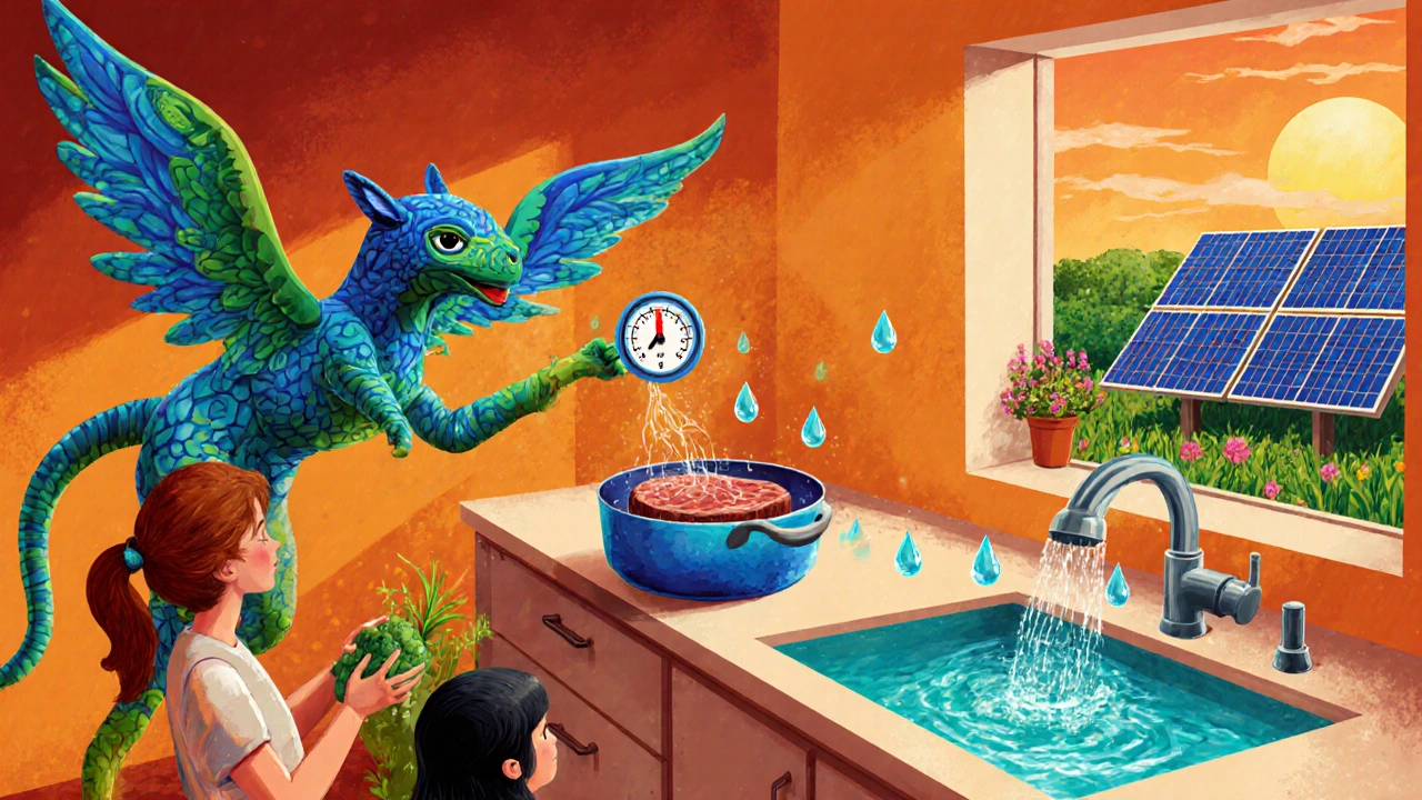 Family kitchen with a glowing thermometer, protective Alebrije guardian, and clean water washing produce.