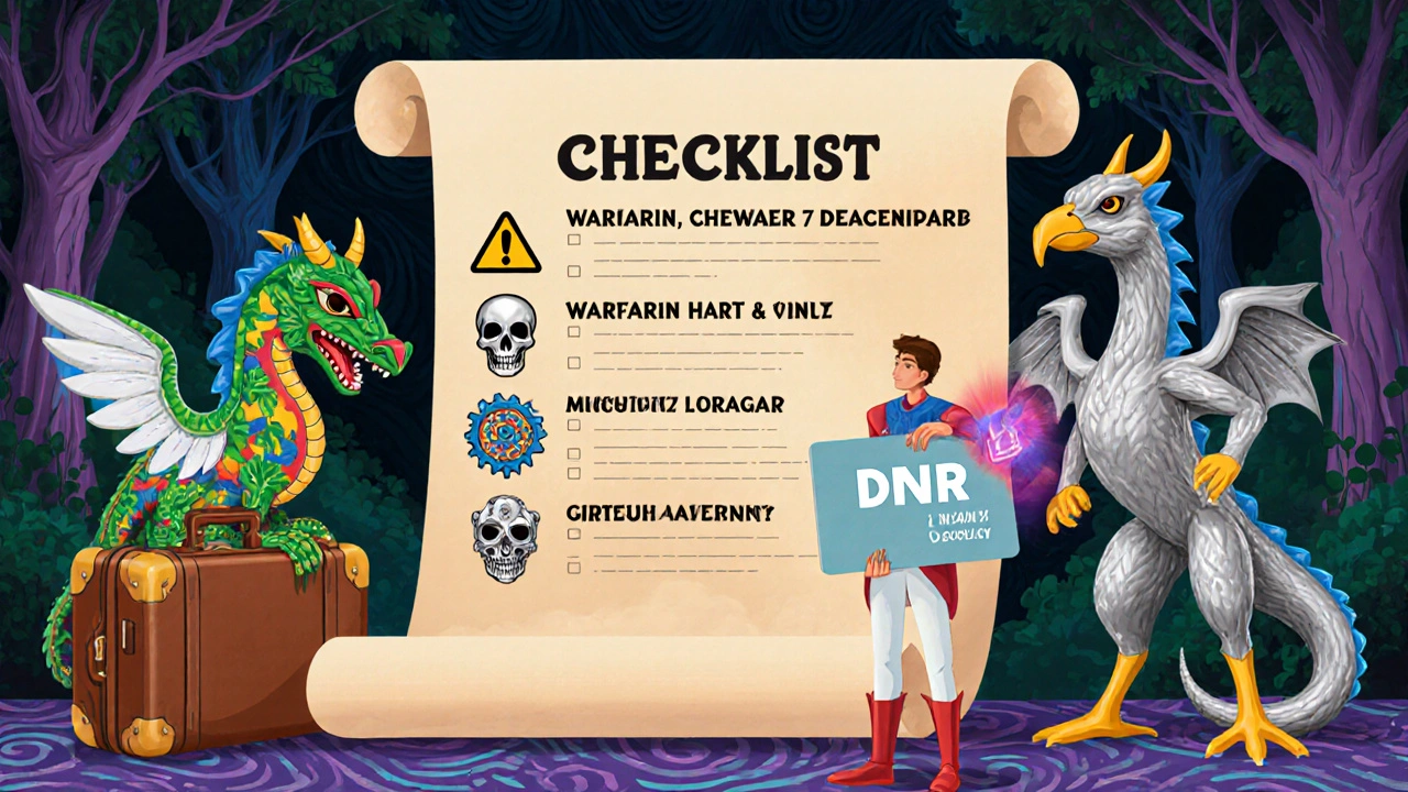 Fantasy checklist scroll with travel, warning, heart valve, warfarin dragon, DOAC phoenix, and hero holding INR card.