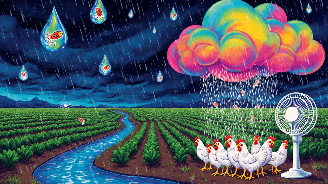 Farm field with leafy greens, rain‑filled Alebrije droplets, and heat‑stressed chickens under a stormy sky.