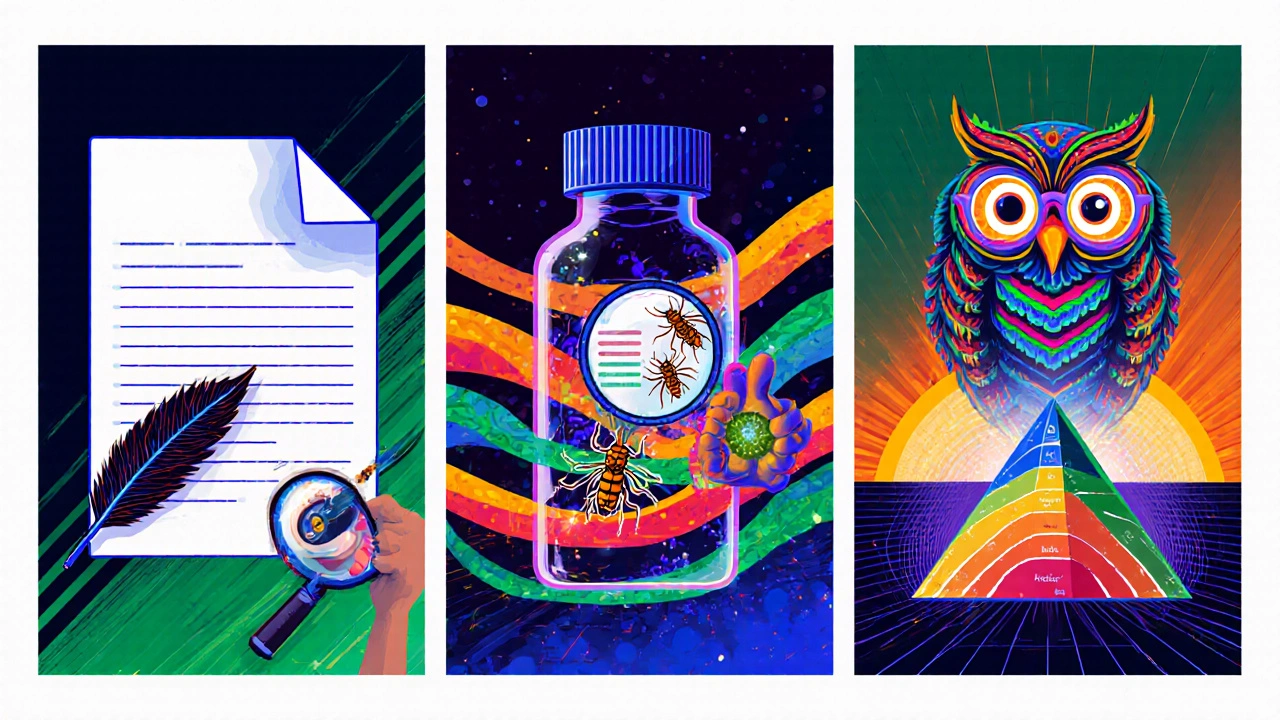 Five‑panel comic showing steps: questionnaire, barcode scan, ingredient check, cross‑reference, severity rating.