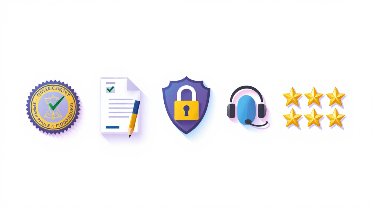 Flat icons illustrating pharmacy safety steps: license, prescription, padlock, support, stars.
