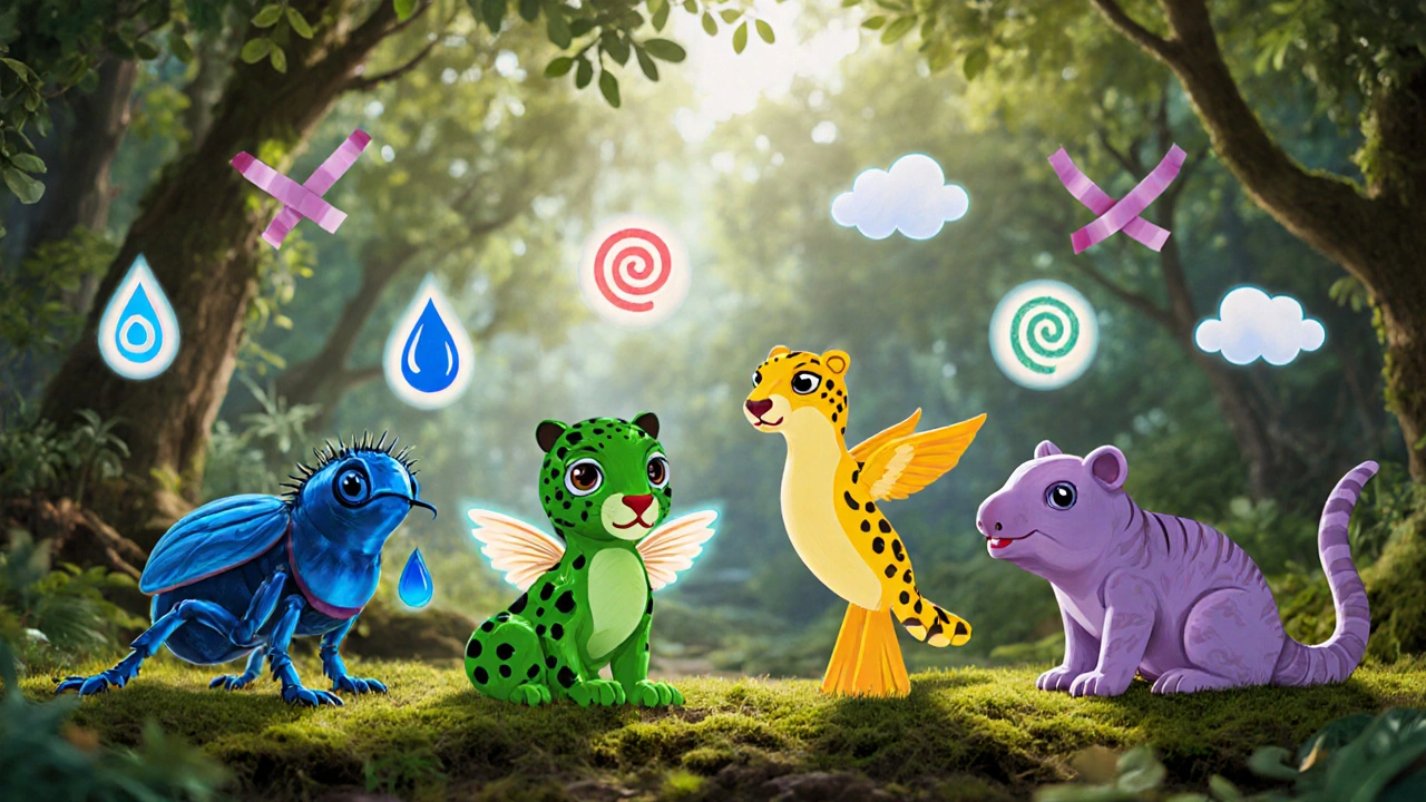 Four colorful Alebrije drug creatures with floating icons showing side‑effects and onset speed.