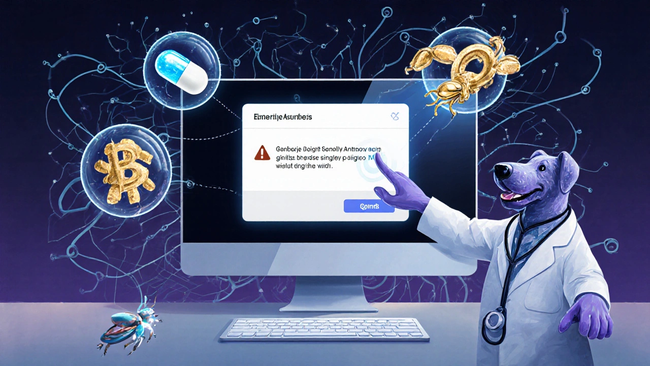 Futuristic clinic with smart‑pill sensor, blockchain beetles, and pop‑up drug interaction alert.