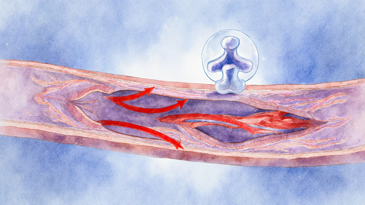 Illustrated cross‑section of a penile artery showing increased blood flow with a PDE5 inhibitor blocking the enzyme.