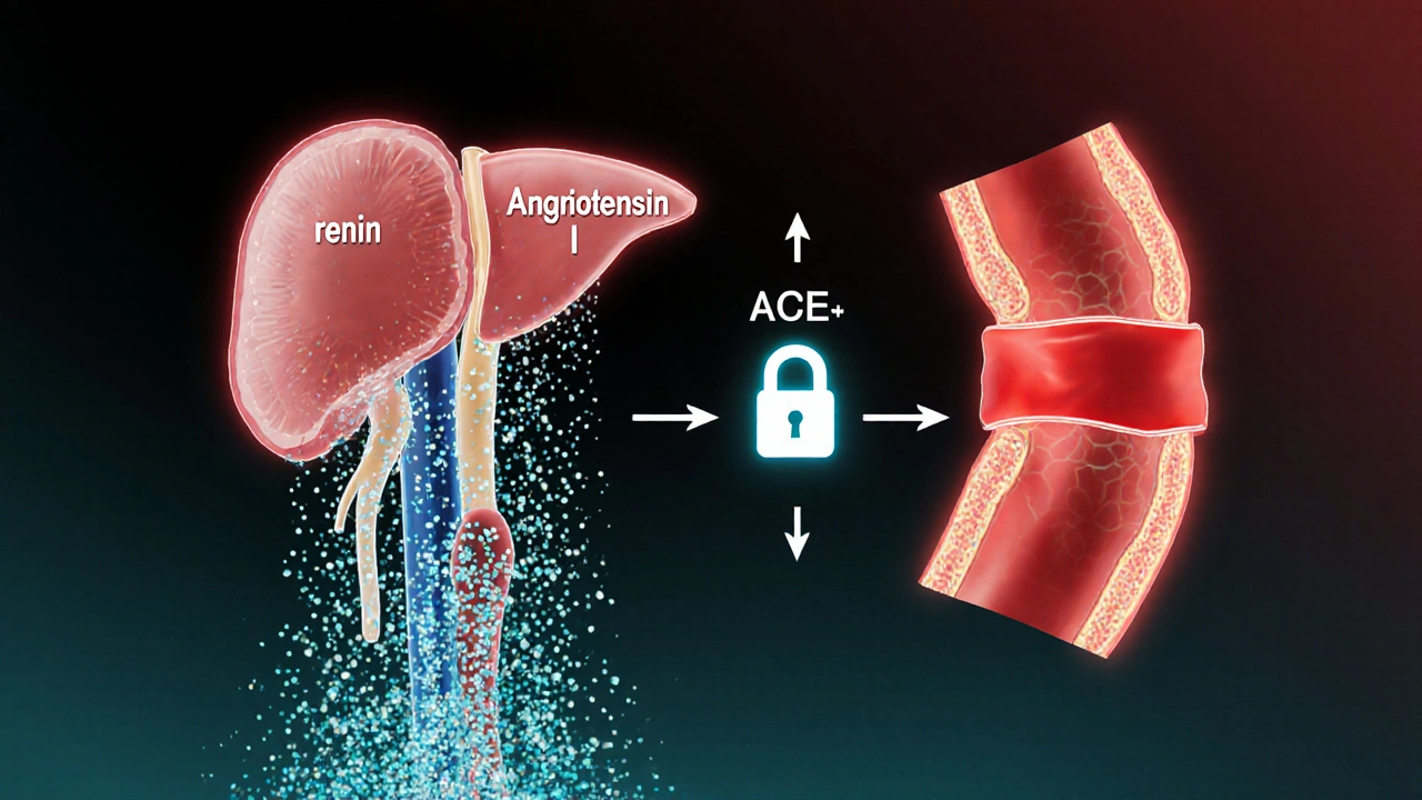 Illustration of kidney releasing renin, ACE blocked by a capsule, artery relaxing.