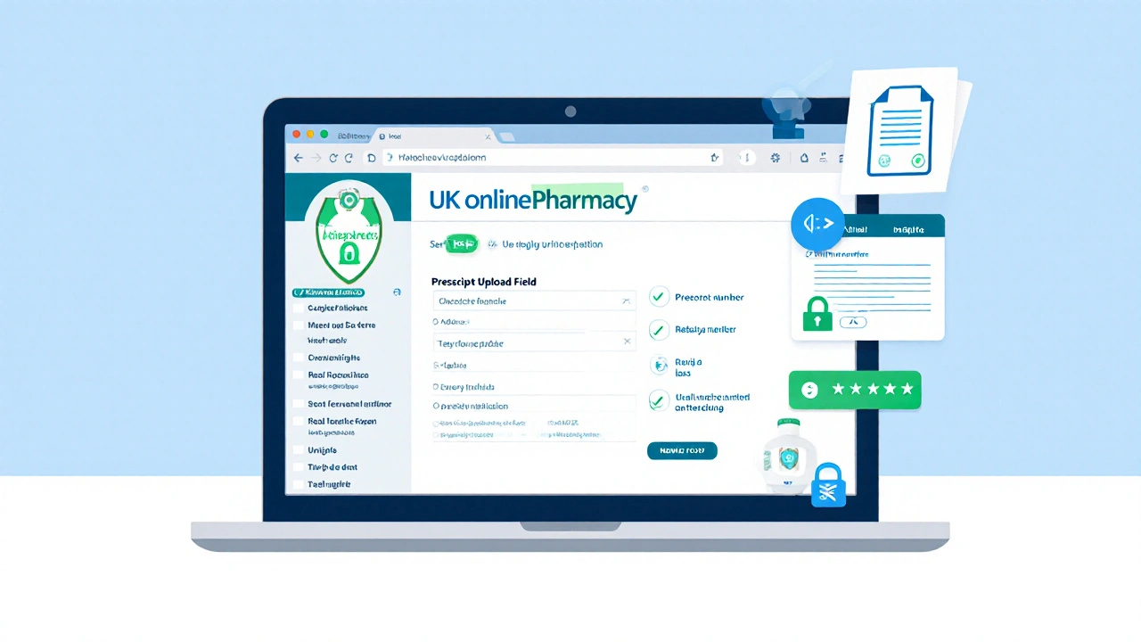 Laptop screen with a secure online pharmacy site, registration badge, and prescription upload.