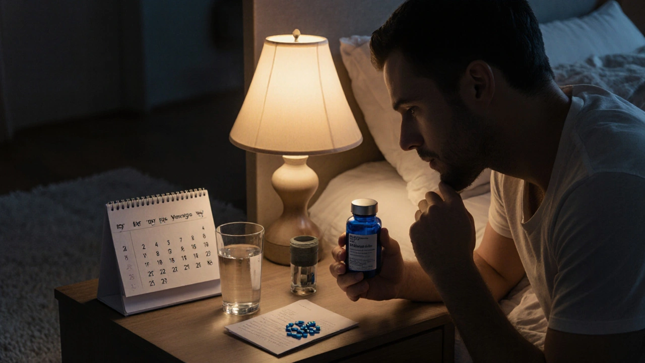 Man at nightstand holding a blue pill bottle, glass of water nearby, in a warm, relaxed bedroom setting.
