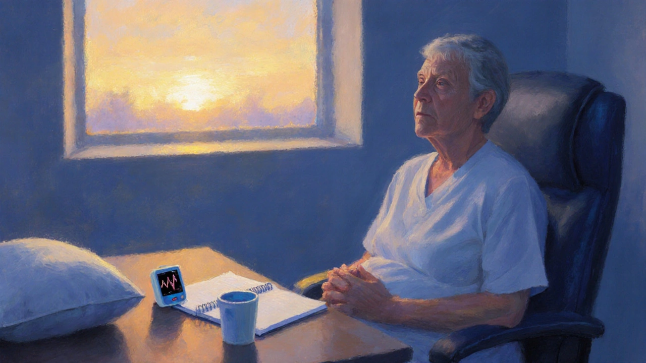 Patient in a doctor&#039;s office at sunset, with heart monitor, pillow, and pain‑relief items nearby.