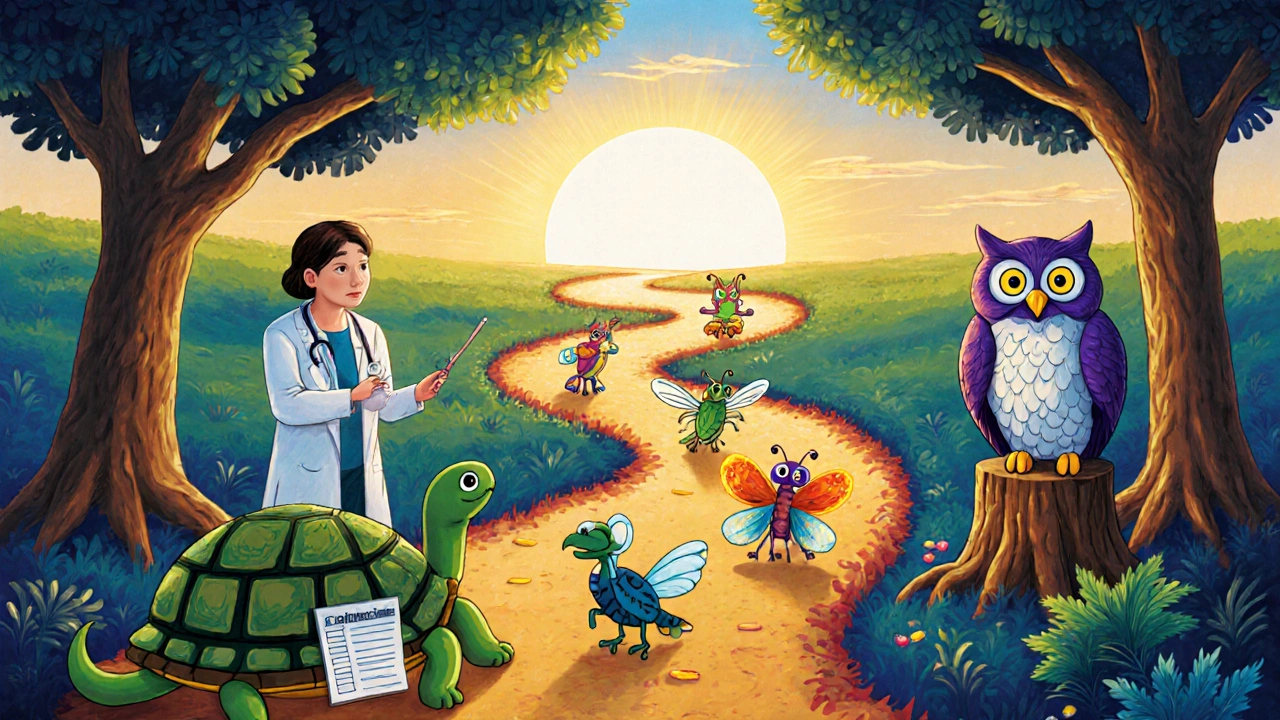 Patient turtle and owl neurologist in a forest clearing with four drug‑creature trails leading forward.