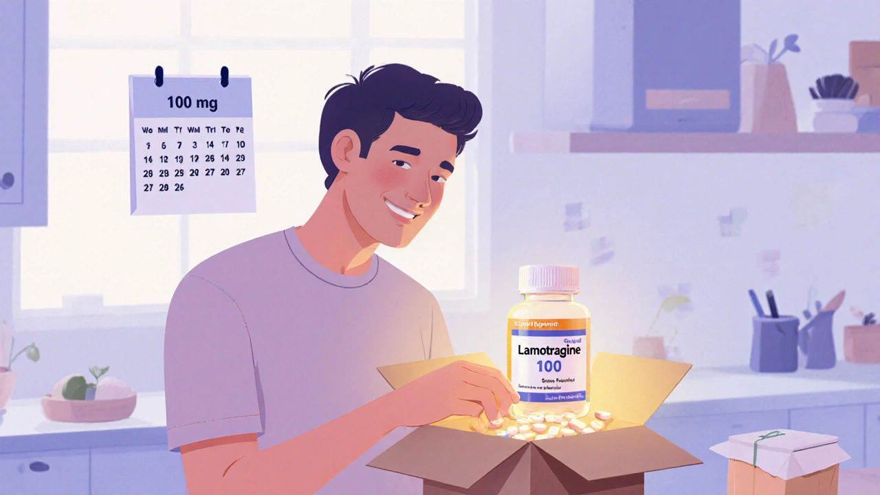 Person opening a package revealing a bottle of generic lamotrigine tablets.