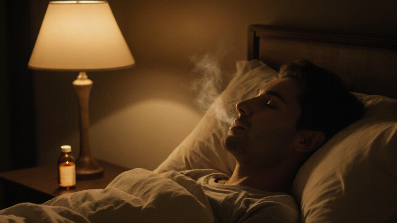 Person peacefully sleeping in a cozy bedroom, symbolizing relief after medication switch.