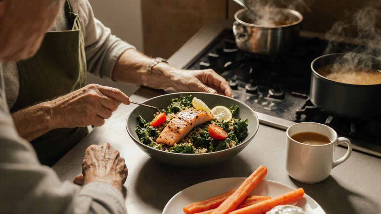 Person preparing quinoa salmon salad with carrot‑yogurt dip and coffee in a warm kitchen.