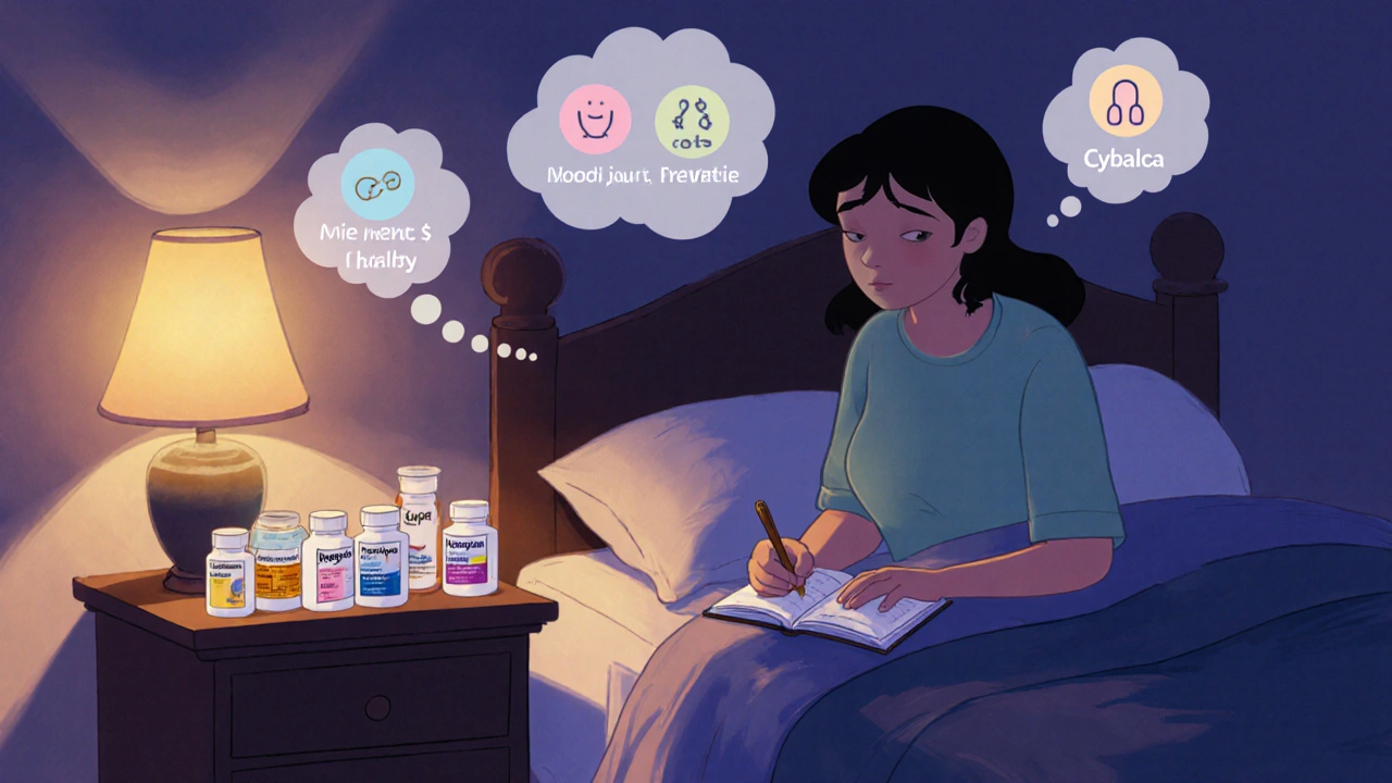 Person writes symptom diary beside medication bottles, pondering cost and side effects.