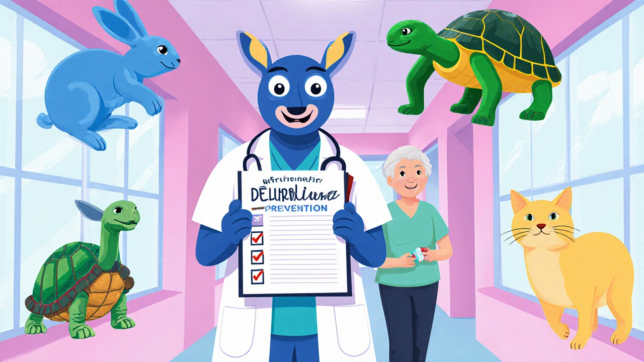Physician Alebrije holding a prevention checklist, with friendly Alebrije representations of alternative antibiotics walking beside a smiling senior patient.