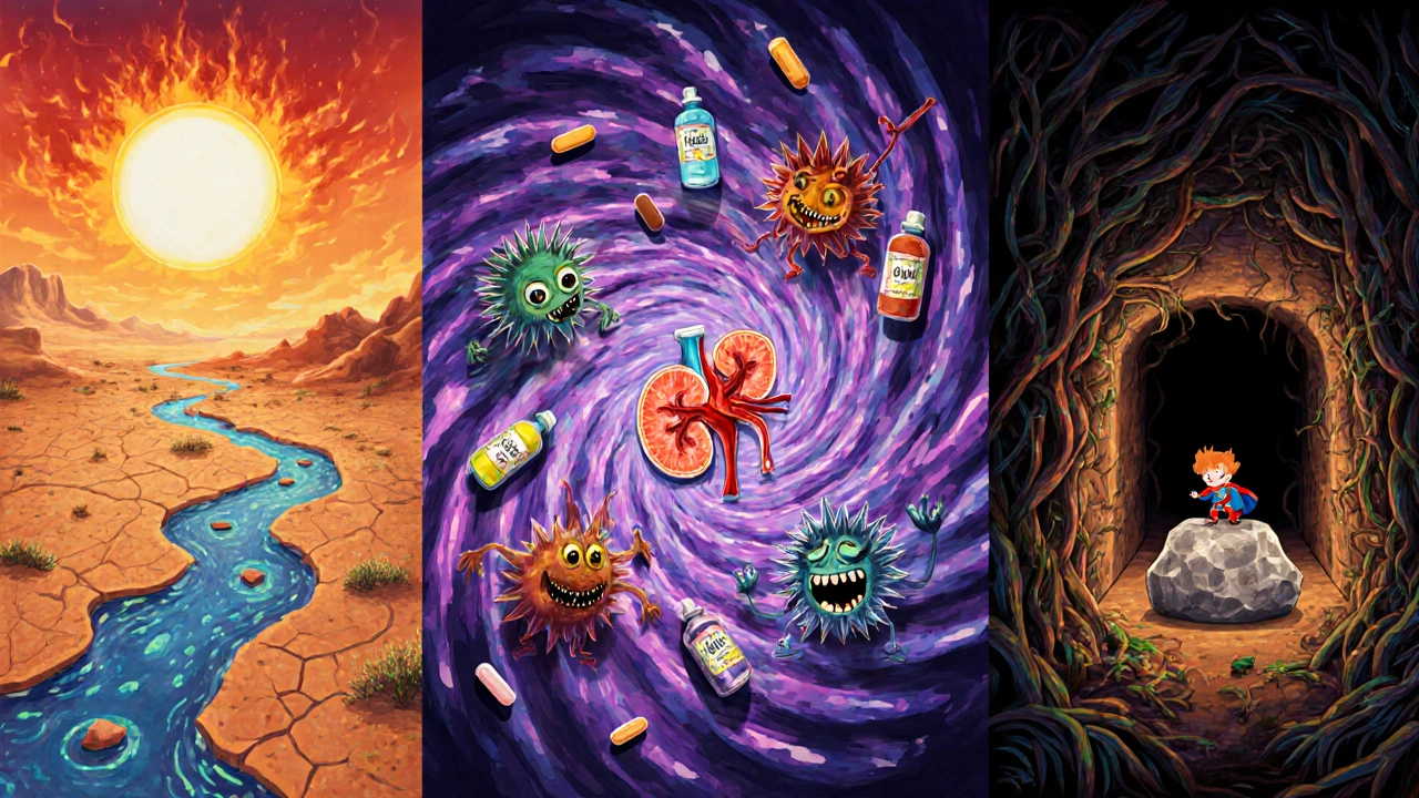 Surreal scene showing dehydration, toxic drugs, and blockage causing kidney damage.