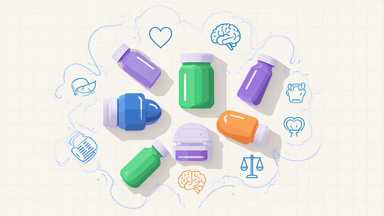 Top‑down view of assorted antidepressant pill bottles with icons for heart, sleep, and mood.
