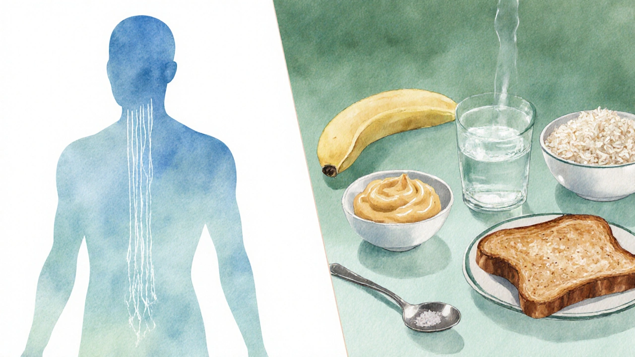 Water flowing from a figure while bland foods and rehydration drink are displayed.