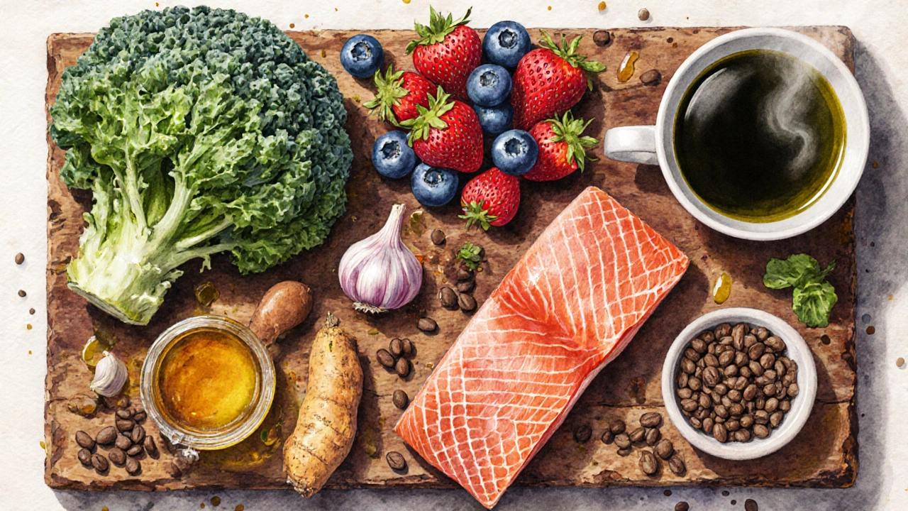 Watercolor flat lay of broccoli, berries, salmon, green tea, garlic, turmeric, coffee and lentils.