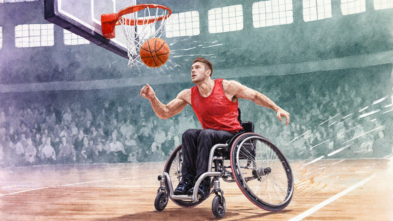 Watercolor of a wheelchair basketball player driving toward the hoop with a ball poised above the rim.