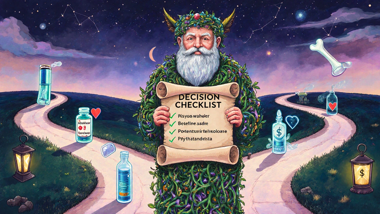 Whimsical alebrije guide at a crossroads, pointing to different treatment paths.