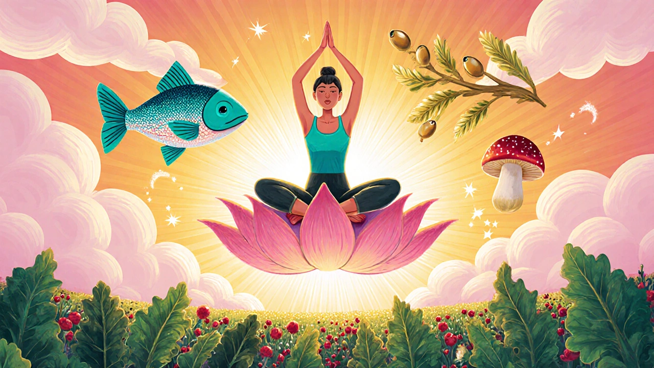 Woman does yoga on a floating alebrije lotus surrounded by healthy food and wellness symbols.