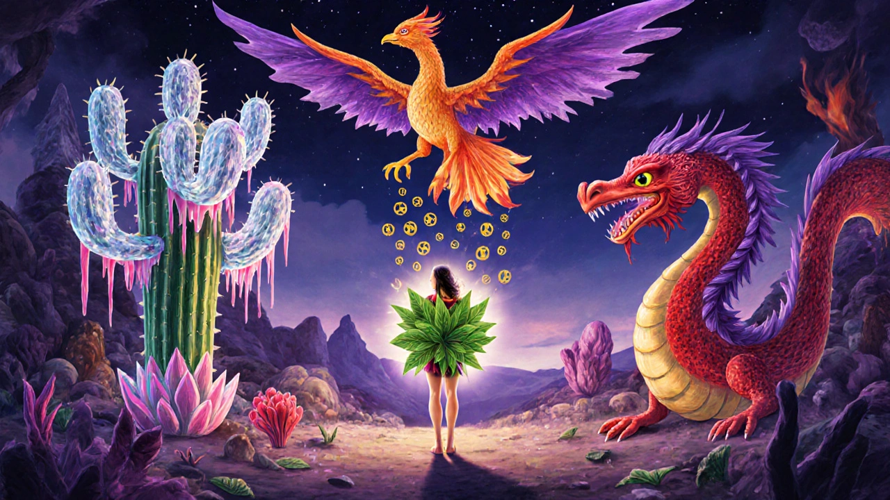 Woman stands among alebrije monsters representing PCOS, endometriosis, and autoimmune disease.