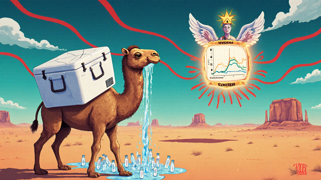 A camel carrying a broken cooler in a desert, while a glowing medical cooler floats above, guarded by a spirit made of temperature graphs.
