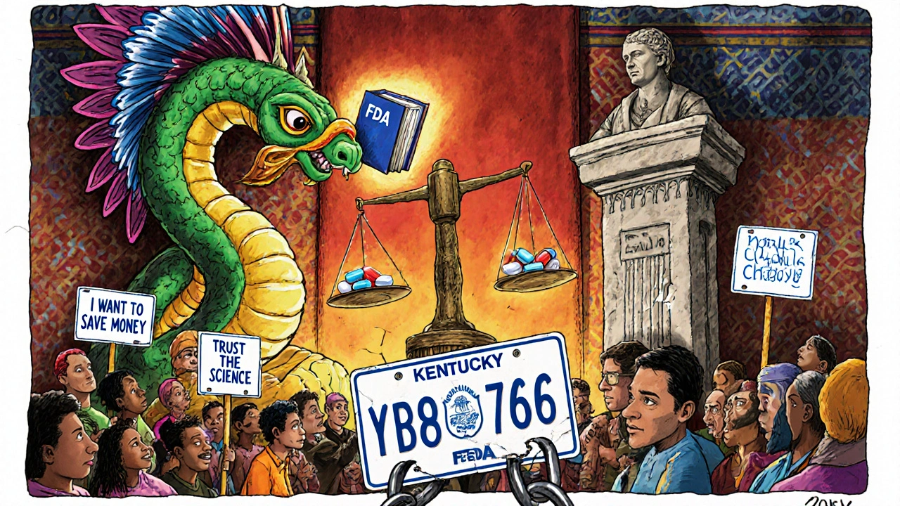 A courtroom scene with FDA serpent vs state statue, patients holding signs, and a cracking Kentucky license plate.