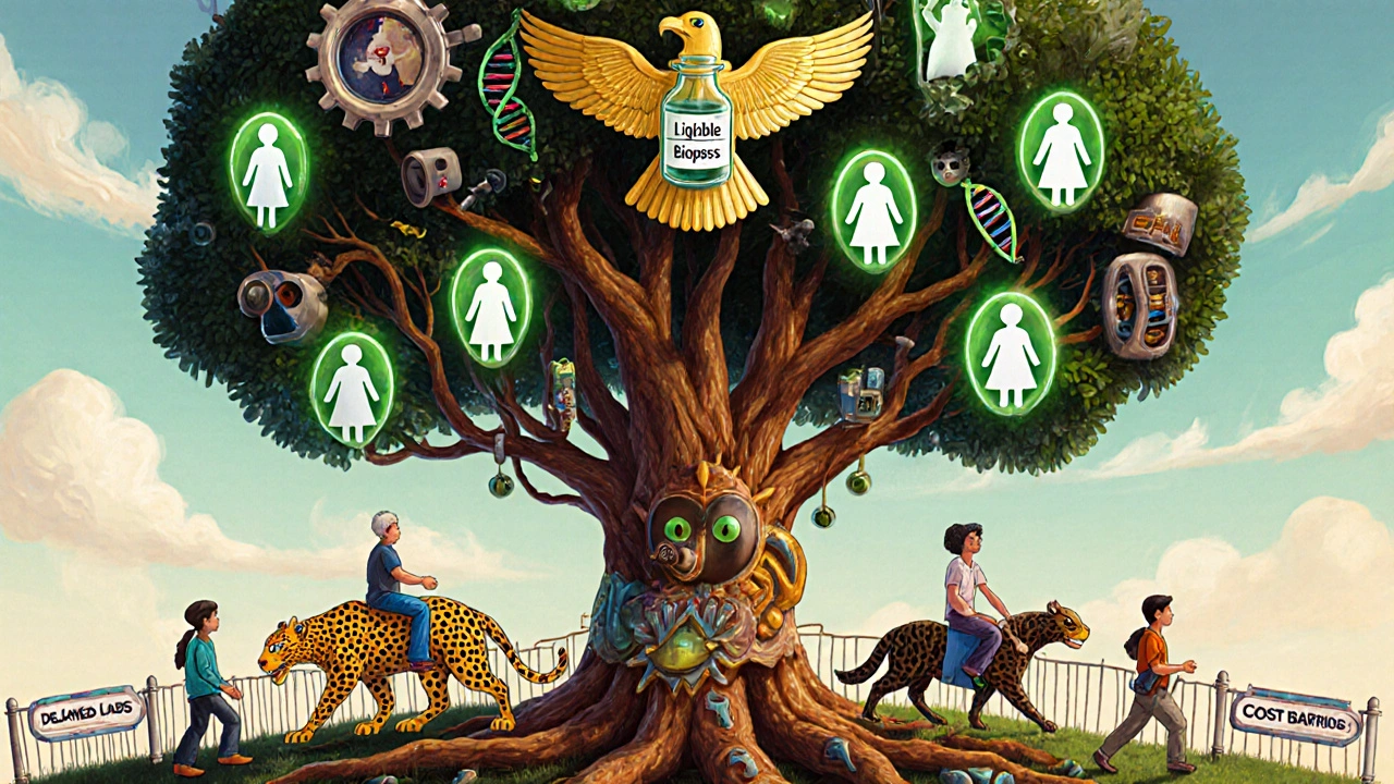 A fantastical trial tree with patient silhouettes on branches, some blocked by barriers, in vibrant alebrije colors.